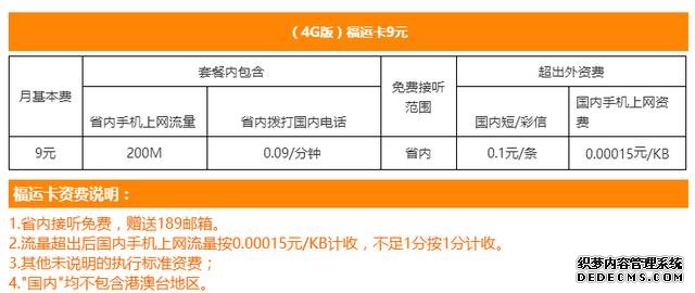 中国电信“福运卡”：9元月租，200M省内流量！