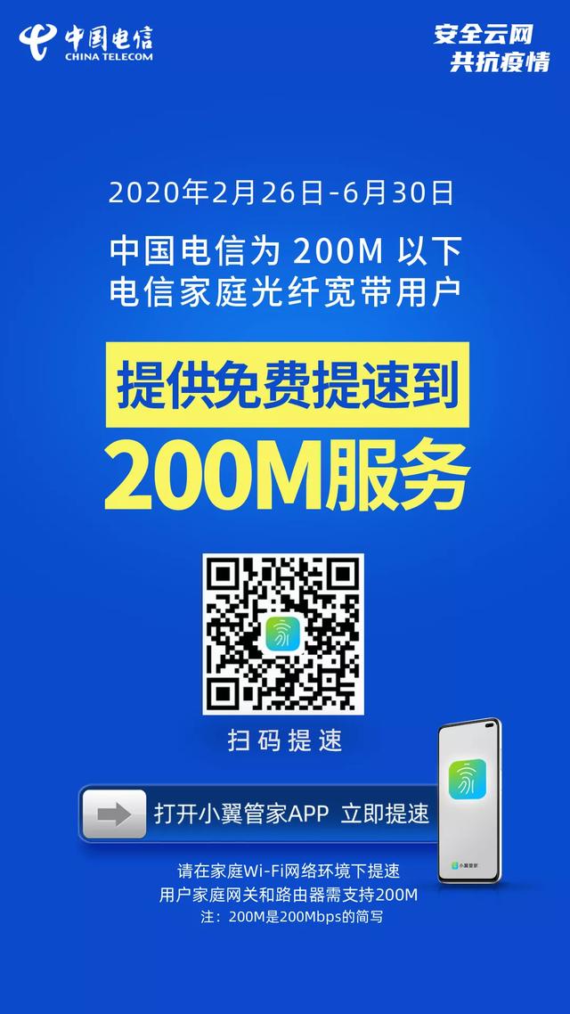 @所有人 您的中国电信宽带可免费提速至200Mbps